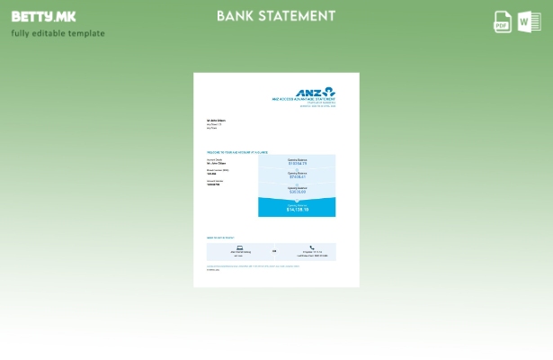 Модерен стил Австралија ANZ извод од банкарски шаблон за ексел страници