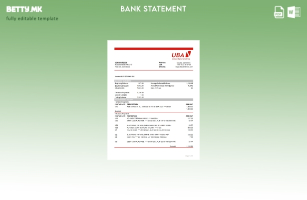 Модерен стил Камерун UBA банка извод шаблон ексел