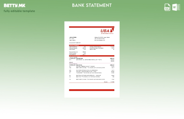 Модерен стил Нигерија UBA банка извод шаблон ексел