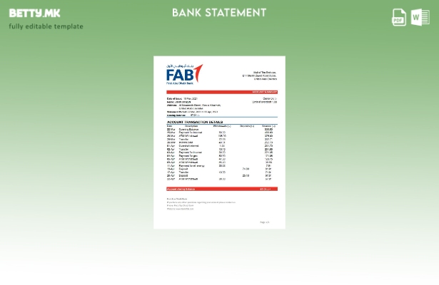 Модерен стил ОАЕ Прв шаблон ексел извод од банка во Абу Даби