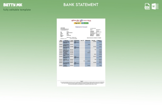 Модерен стил Шаблон за збор верзија на извод од банкарска сметка на Индија Унија