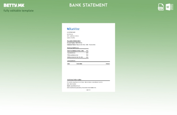 Модерен стил на САД Калифорнија Bluevine шаблон за извод од банка