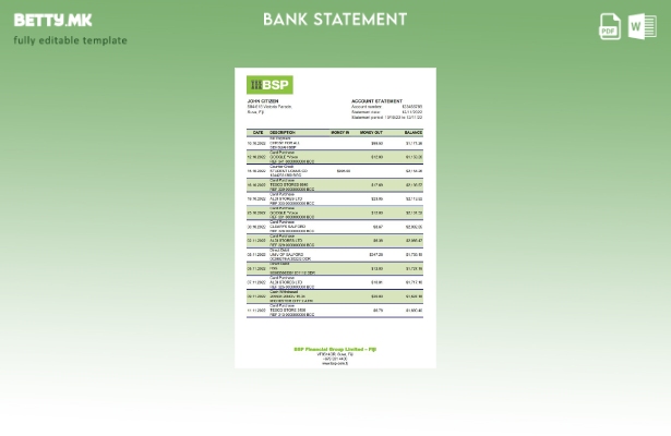 Модерен стил на Фиџи Банката на Јужен Пацифик, шаблон ексел за извод од банка