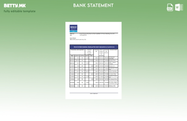 Модерен стил на ексел шаблон за извод од банка на Фиџи Бред