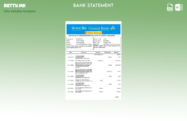 Модерен стил на шаблон за збор верзија на извод од банка во Индија Канара
