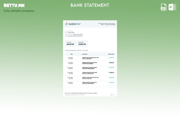 Модерен стил на шаблон за збор за извод на сметката на Пакистан SadaPay