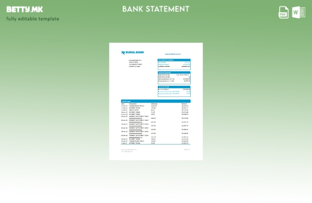 Модерен стил, образец за ексел извод од рурална банка во Австралија