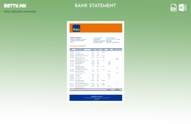 Модерен стил, шаблон за ексел за извод од банка во Бразил Itau