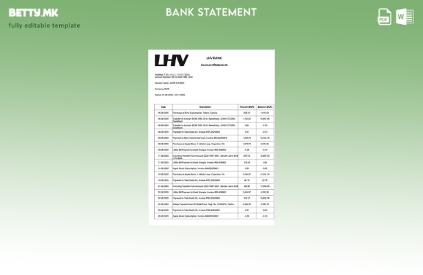 Шаблон за зборови за извод од банкарска сметка на Естонија LHV во модерен стил