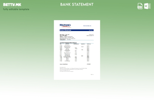 модерен стил Јапонски Mizuho банкарски извод шаблон ексел