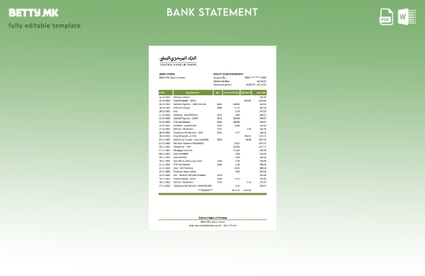 модерен стил Јеменската Централна банка на Јемен Банкарска изјава за ексел шабло