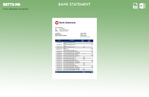 модерен стил Боцвана банка Габороне банка извод шаблон ексел
