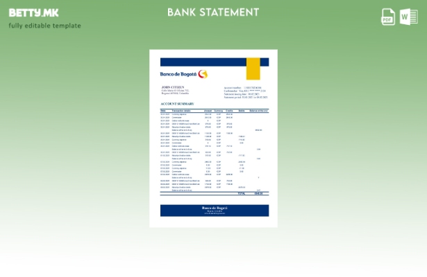 модерен стил Колумбија Банко де Богота извод од банкарски ексел шаблон