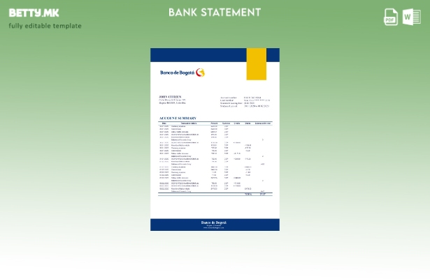 модерен стил Колумбија Банко де Богота извод од банкарски шаблон за ексел верзиј