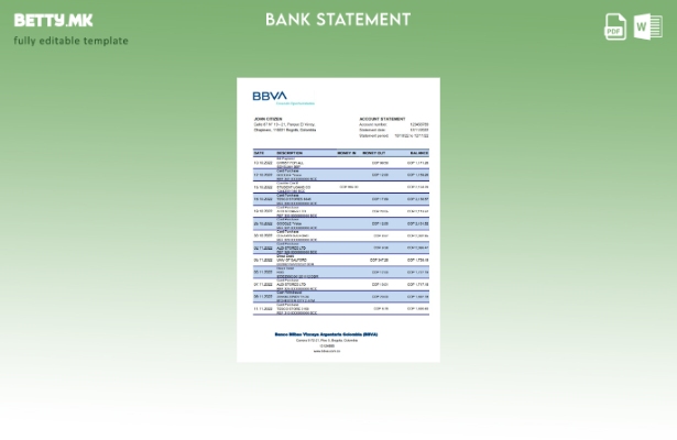 модерен стил Колумбија BBVA банка извод шаблон ексел