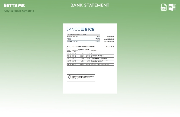 модерен стил Чиле Банко Бице извод од банкарски ексел шаблон