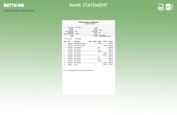 модерен стил Шаблон за зборови за изводи од сметката на Пакистанската национална