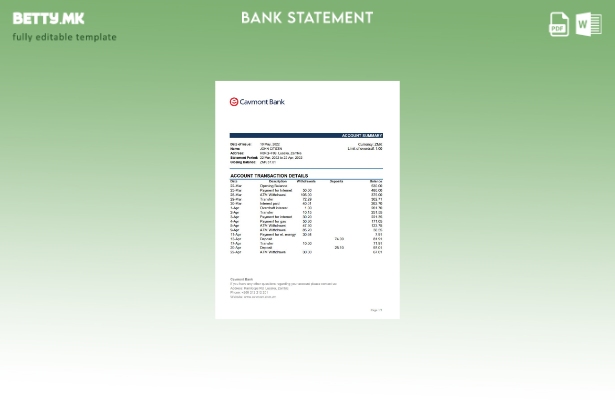 модерен стил за ексел шаблон за извод од банка на Zambia Cavmont