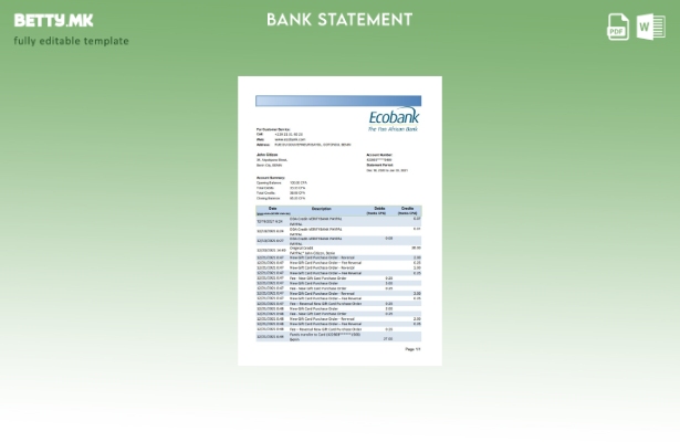 модерен стил шаблон ексел за извод од банка на Бенин Екобанк