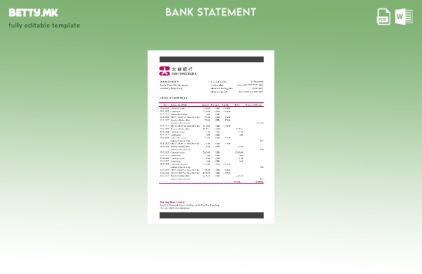 модерен стил шаблон ексел за извод од банка DAH Sing во Хонг Конг