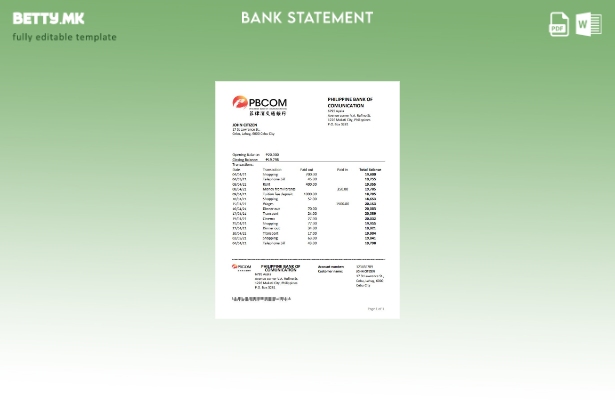 модерен стил, шаблон за ексел банкарски извод од банка за комуникации на Филипин