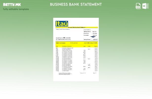 Модерен стил Извод на банкарска сметка на претпријатието Итау Шаблон Word и PDF