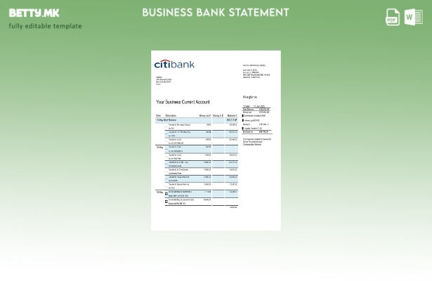 Модерен стил Извод на деловна сметка на банката Ситибанк Word и PDF шаблон