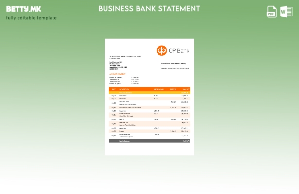 Модерен стил Извод на сметка на компанијата ОП банка Шаблон Word и PDF