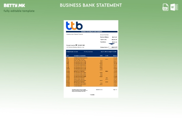 Модерен стил ТТБ банка извод на корпоративна чековна сметка Шаблон Word и PDF