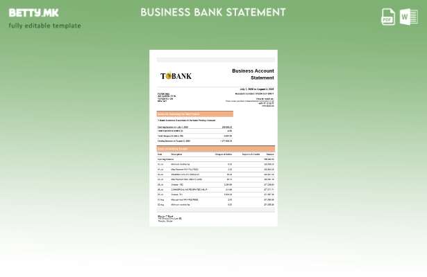 Модерен стил Т банка за деловна банкарска изјава Шаблон за формат Word и PDF