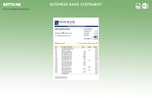 модерен стил Извод на деловна сметка на Exim банка Шаблон Word и PDF
