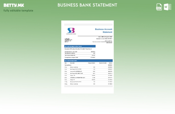 модерен стил Извод на деловна сметка на SB Bank Шаблон Word и PDF