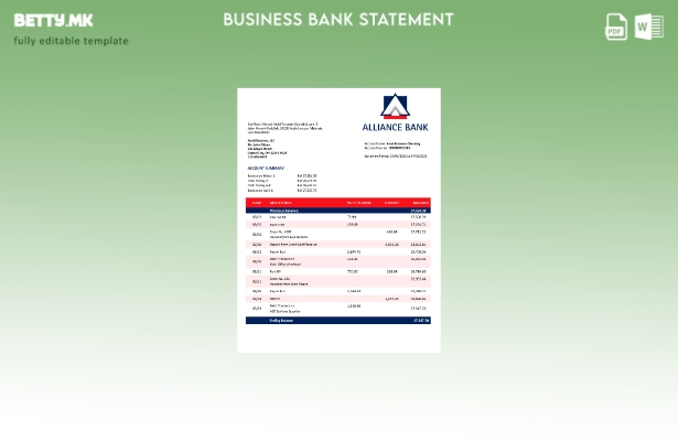 модерен стил Извод на претпријатие за сметка на Alliance Bank Шаблон Word и PDF