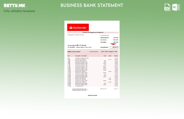 модерен стил Извод на сметка на компанијата Сантандер банка Шаблон Word и PDF