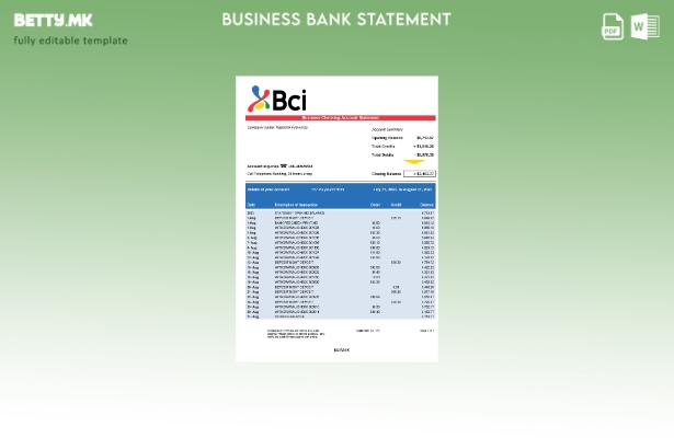 модерен стил Извод на сметка на компанијата BCI банка Шаблон Word и PDF