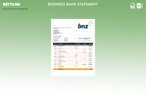 модерен стил Извод на сметка на организацијата на BNZ банка Шаблон Word и PDF