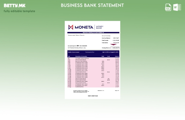 модерен стил Извод на цврста сметка на Moneta Money Bank Шаблон Word и PDF