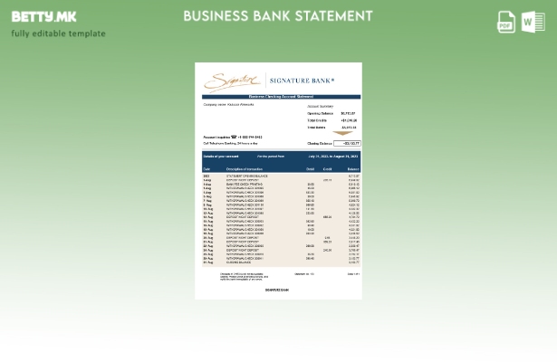модерен стил Потпис банкарска изјава за претпријатие Шаблон Word и PDF