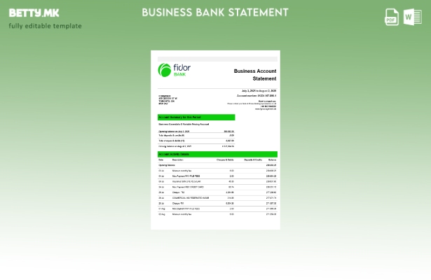 модерен стил Фидор банкарска деловна фирма извод на сметката Шаблон Word snd PDF