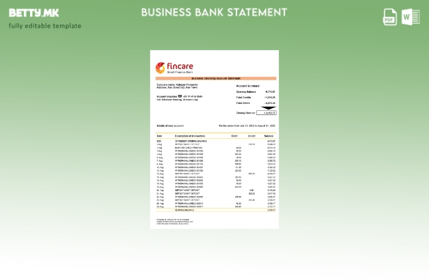 модерен стил на Fincare деловна фирма извод од банкарска сметка Шаблон Word и PD