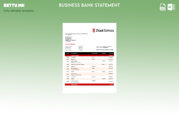 модерен стил на Ziraat Bankasi извод на деловна чековна сметка Шаблон Word и PDF