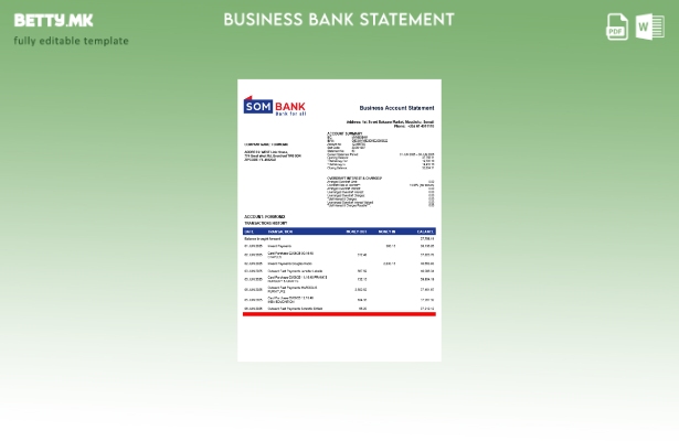 модерен стил сомалиски Sombank банкарска фирма извод на сметка Word и PDF шаблон