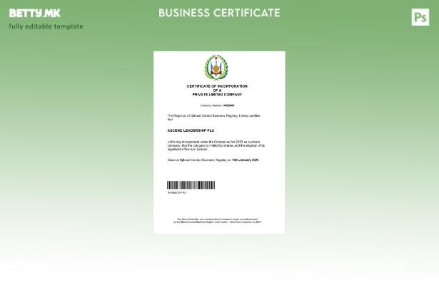 Модерен стил Џибути сертификат за регистрација Шаблон за Word и PDF