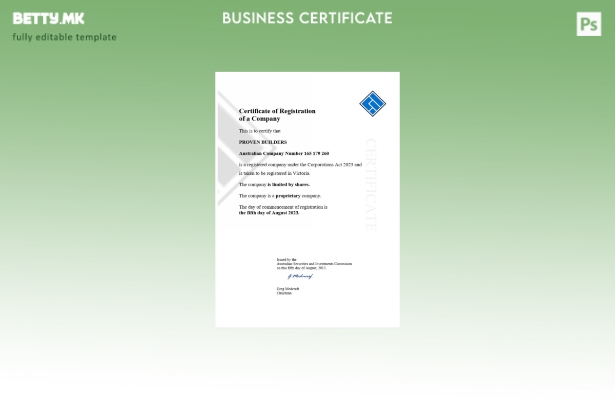 Модерен стил Австралија сертификат за регистрација Шаблон за Word и PDF