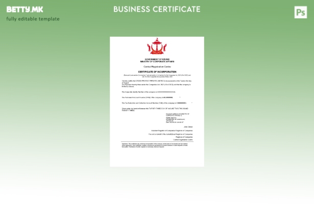 Модерен стил Брунеи сертификат за регистрација Шаблон за Word и PDF