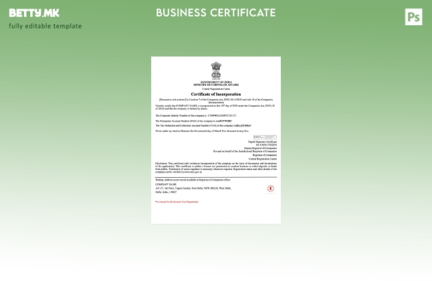 Модерен стил Индија сертификат за инкорпорација Шаблон за Word и PDF