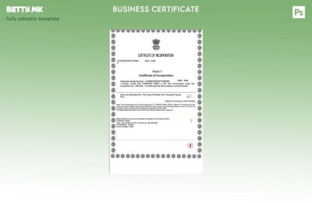Модерен стил Индија сертификат за инкорпорација Шаблон Word и PDF, шаблон за вер