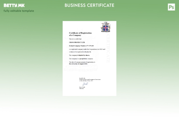 Модерен стил Исланд сертификат за регистрација Шаблон за Word и PDF
