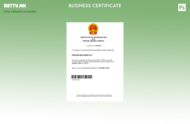 Модерен стил Кина сертификат за регистрација Шаблон за Word и PDF