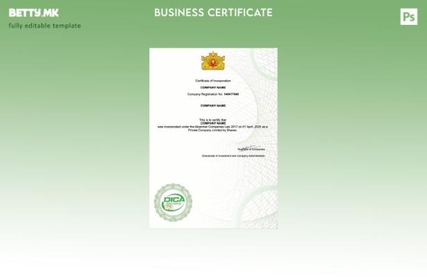 Модерен стил Мјанмар сертификат за инкорпорација Шаблон за Word и PDF